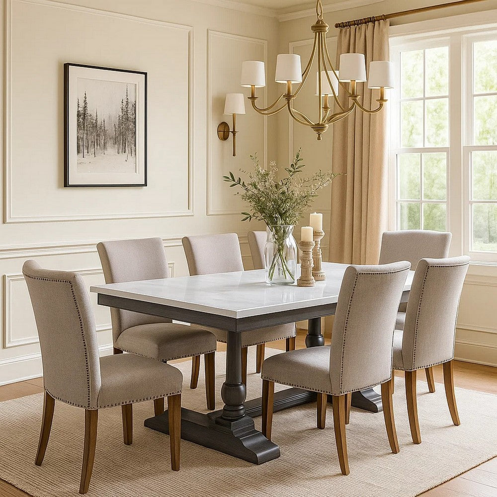 Dining Table with Marble Top and Trestle Base, White and Gray
