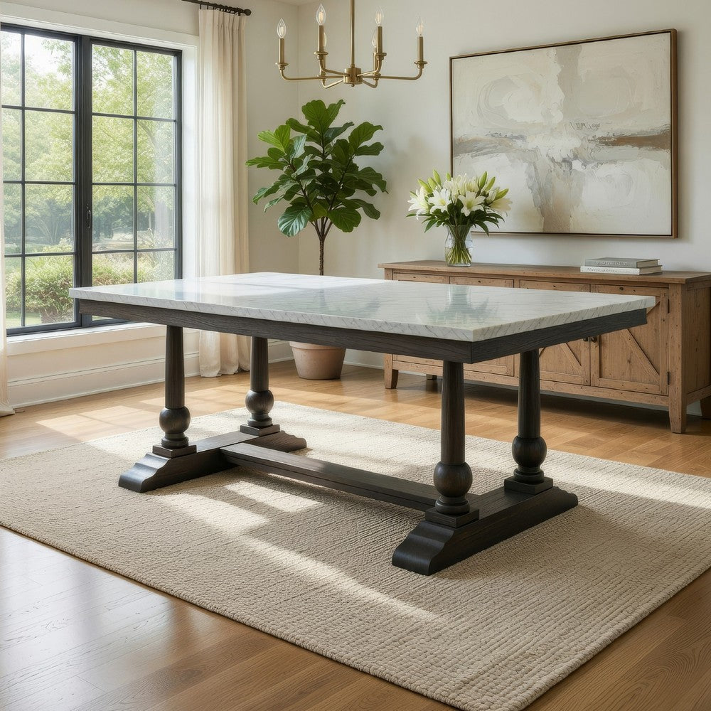 Dining Table with Marble Top and Trestle Base, White and Gray
