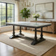 Dining Table with Marble Top and Trestle Base, White and Gray