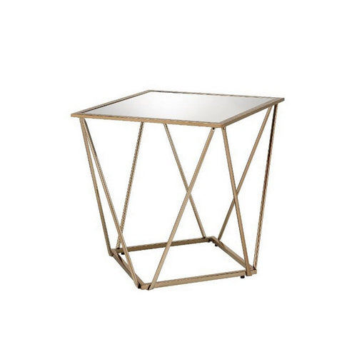 End Table with Mirror Top and Open Geometric Base, Champagne Gold