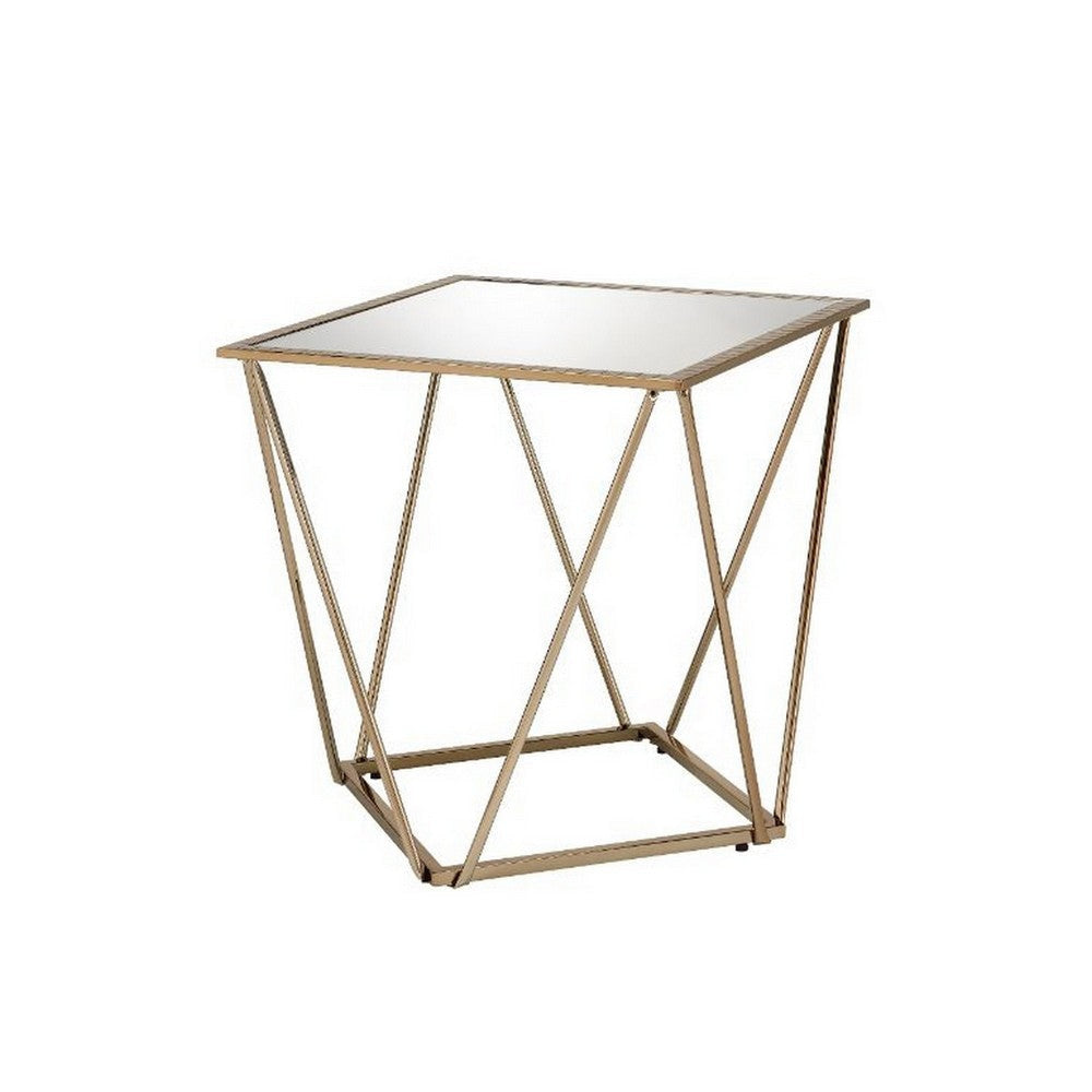 End Table with Mirror Top and Open Geometric Base, Champagne Gold