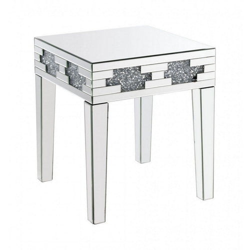 End Table with Mirror Panel Framing and Faux Diamonds, Silver