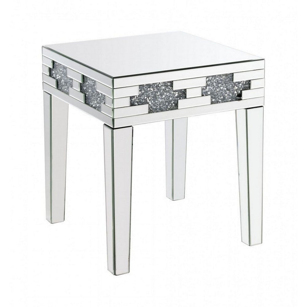 End Table with Mirror Panel Framing and Faux Diamonds, Silver