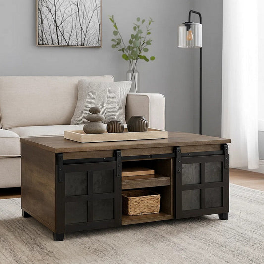 Elliot Coffee Table | Barn Doors | Pull Out Tray | 48" | Brown