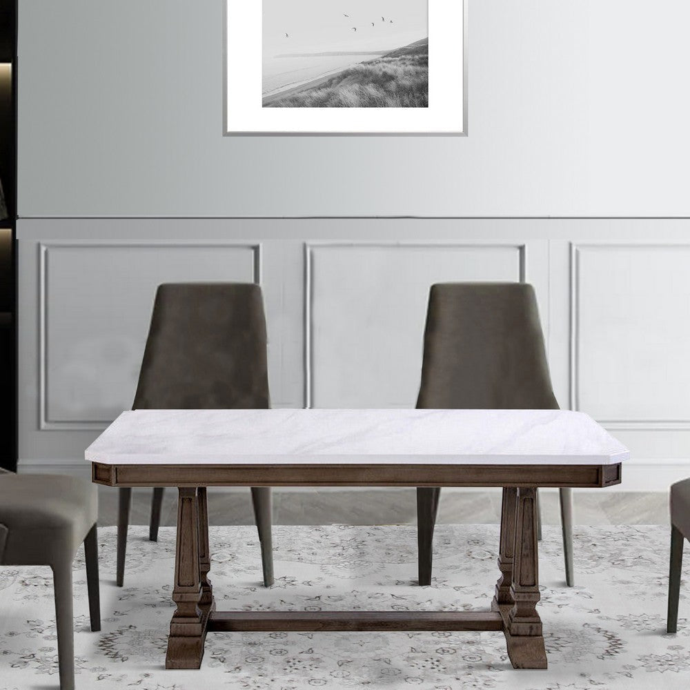 Dining Table with Marble Top and Trestle Base White and Brown By Casagear Home BM250677