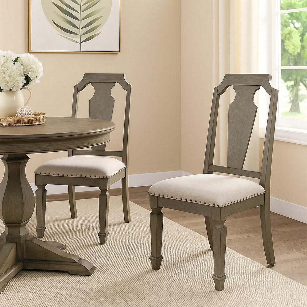 Side Chair with Fabric Seat and Fiddle Back, Set of 2, Brown