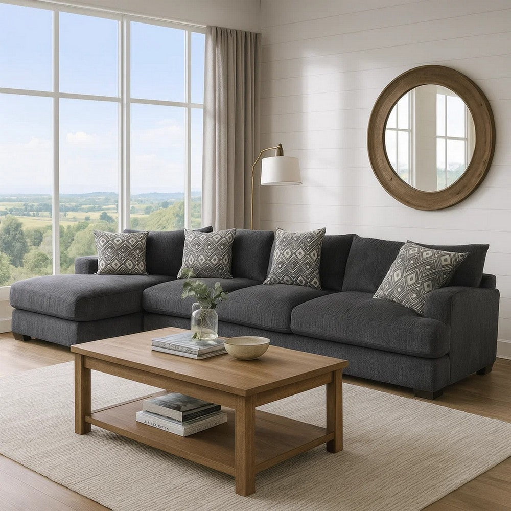 L Shaped Sectional with T Cushioned Seat, Large, Gray