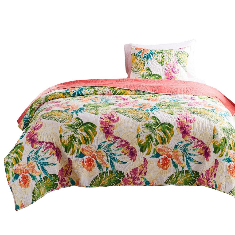 Aulne 2 Piece Twin Quilt Set with Leaf Print, Multicolor By Casagear Home
