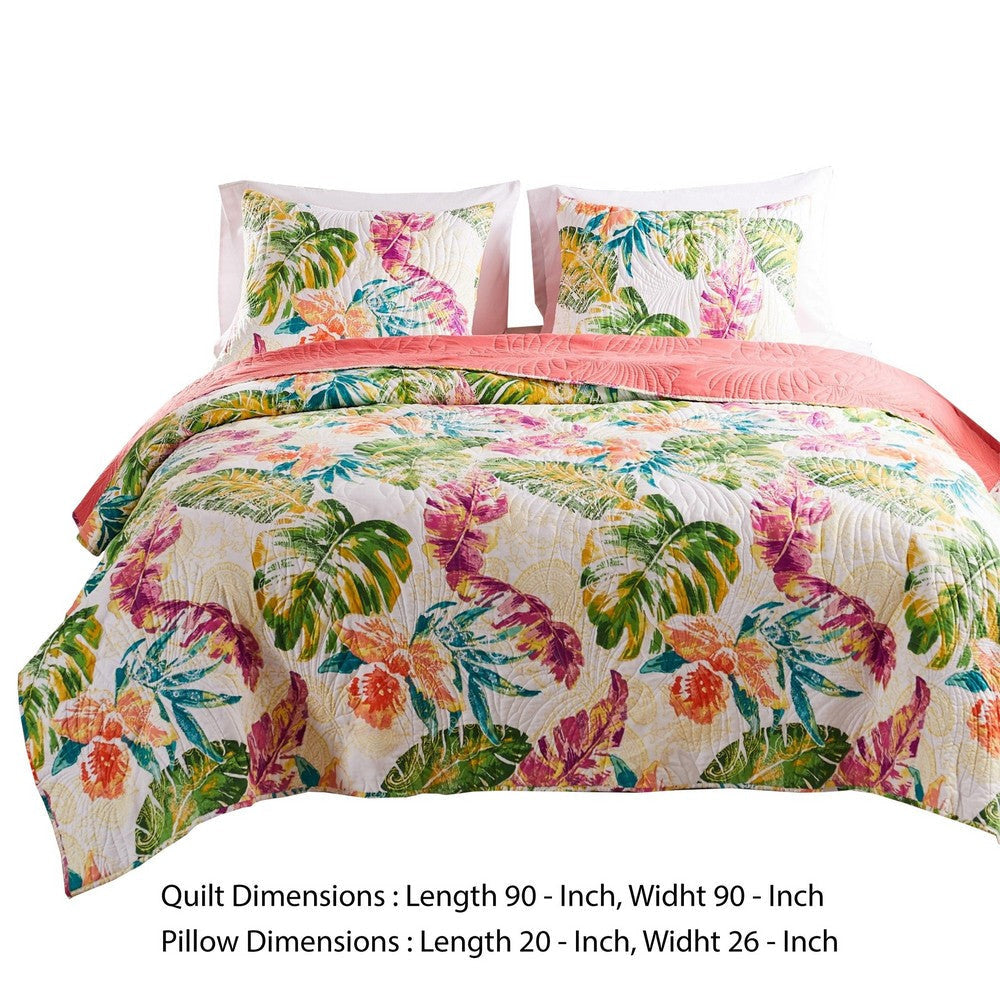 Aulne 3 Piece Full Quilt Set with Leaf Print Multicolor By Casagear Home BM251007