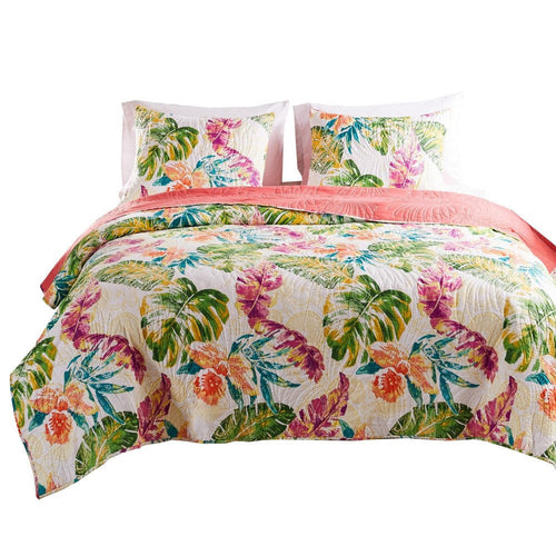 Aulne Quilt Set | 3 Piece Full | Leaf Print | Multicolor