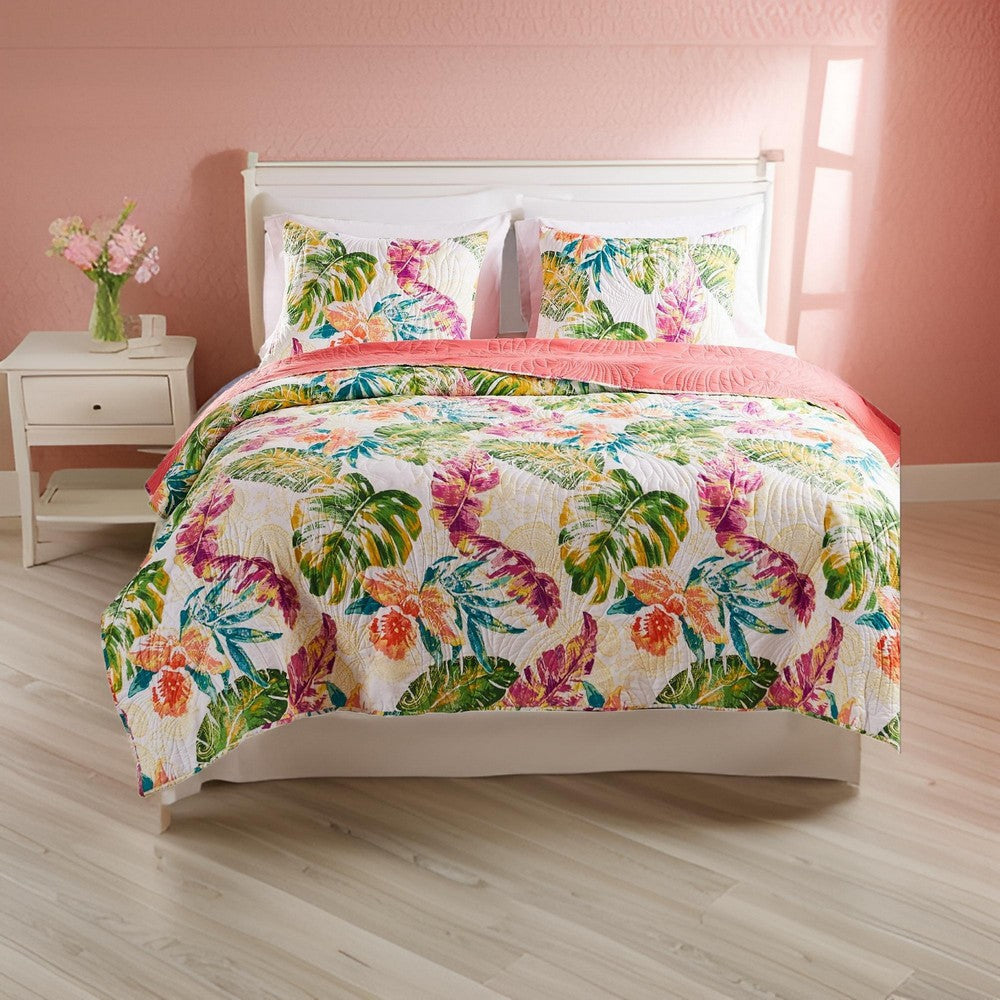 Aulne 3 Piece King Quilt Set with Leaf Print Multicolor By Casagear Home BM251009