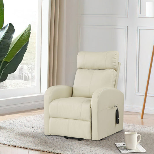 Power Lift Recliner Chair with Faux Leather and Wired Controller, Off White By Casagear Home