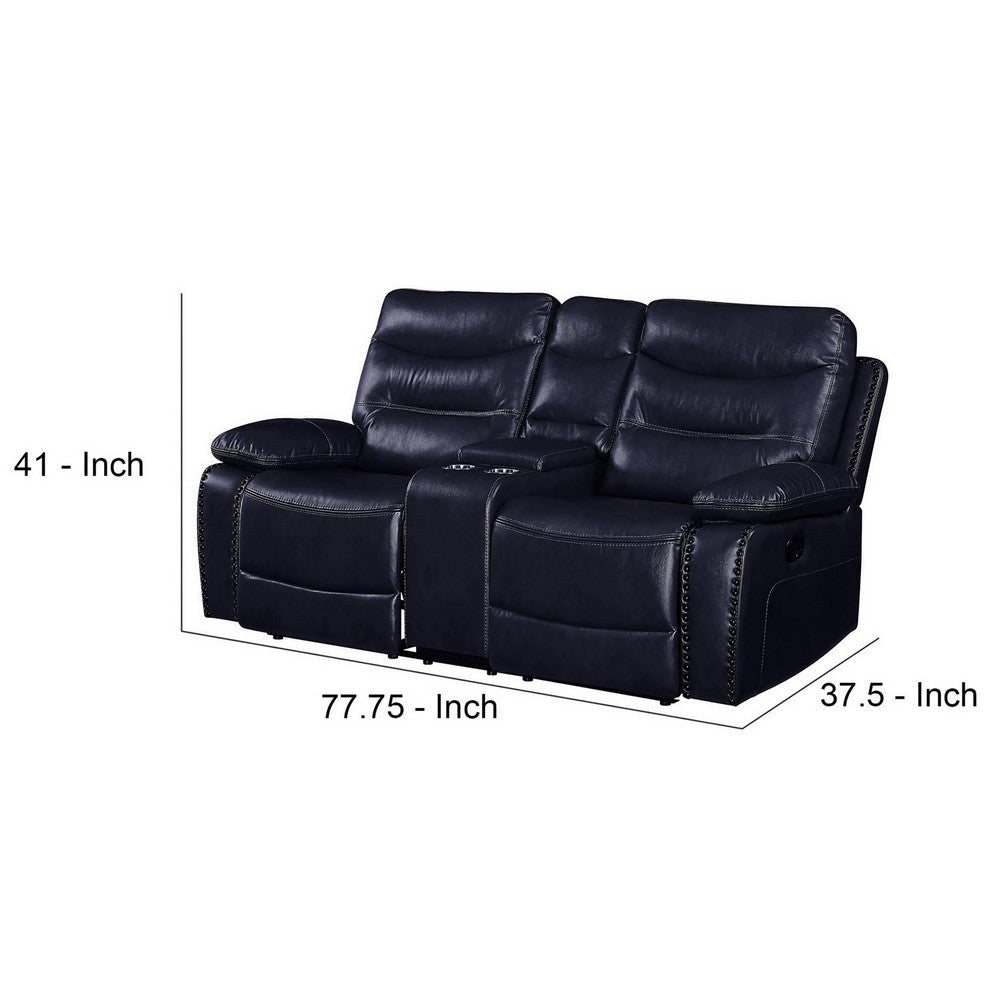 Motion Loveseat with Leatherette Upholstery and Tufted Seat Navy Blue By Casagear Home BM251076