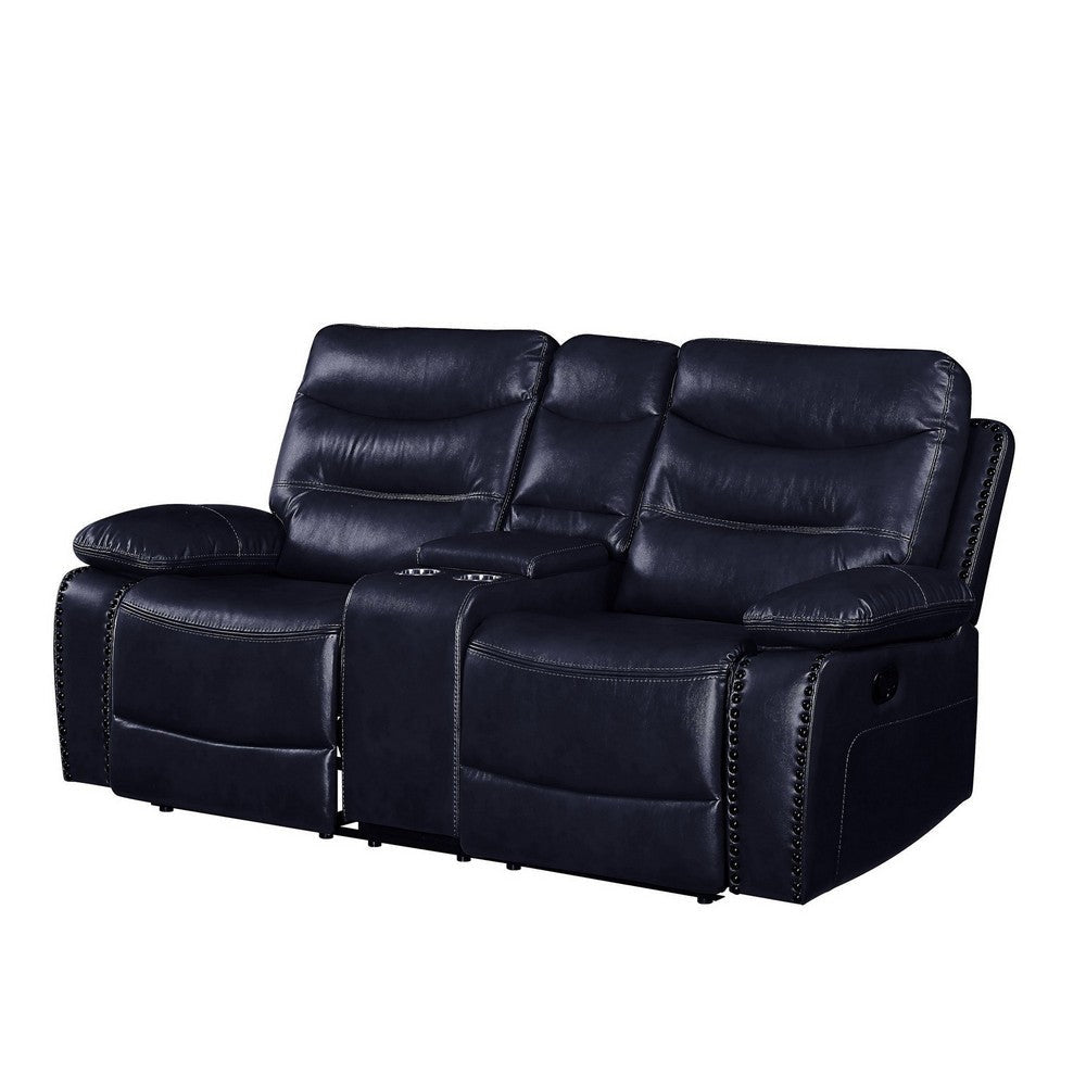 Motion Loveseat with Leatherette Upholstery and Tufted Seat, Navy Blue By Casagear Home