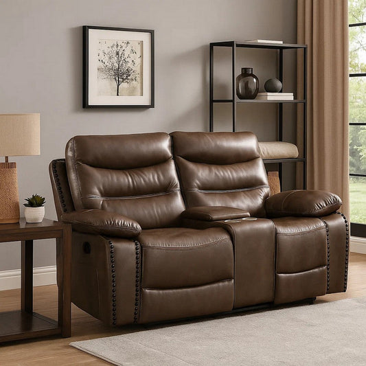 Motion Loveseat with Leatherette Upholstery and Tufted Seat, Brown