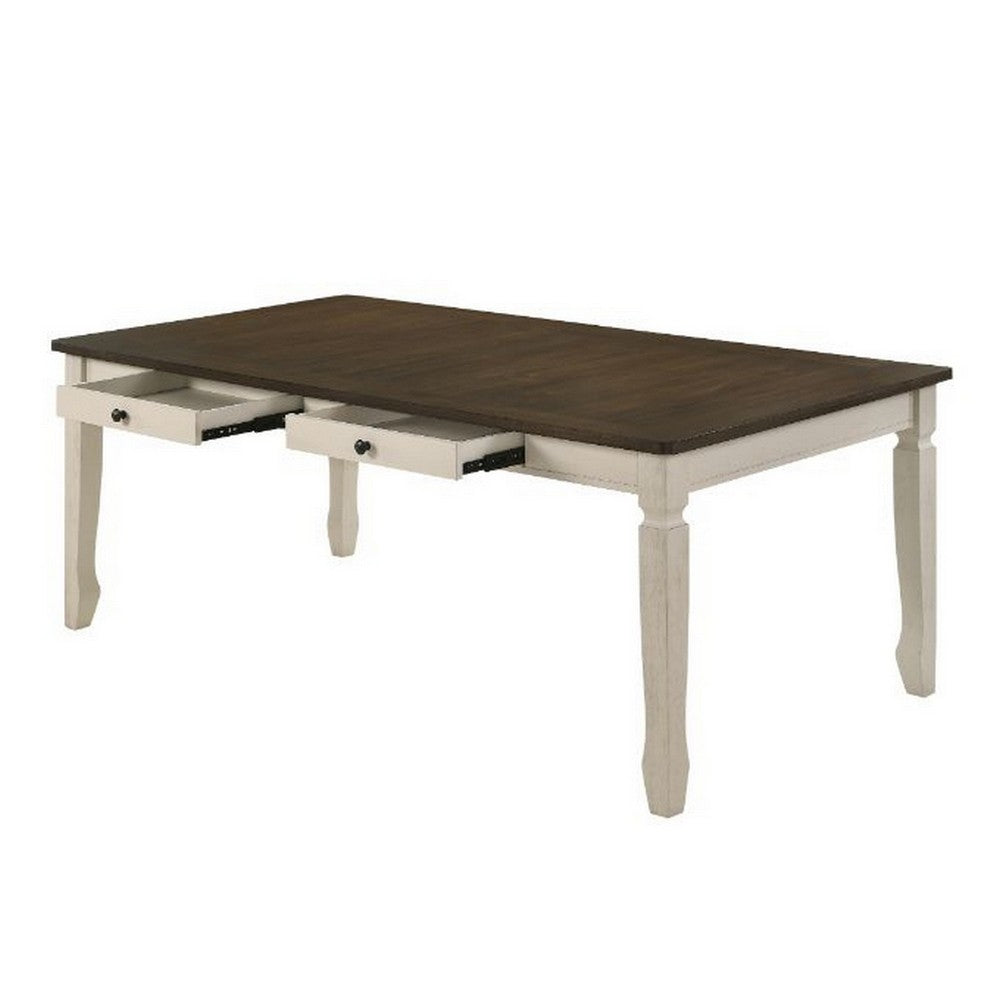 Dining Table with Rectangular Top and 2 Drawers, Brown and White