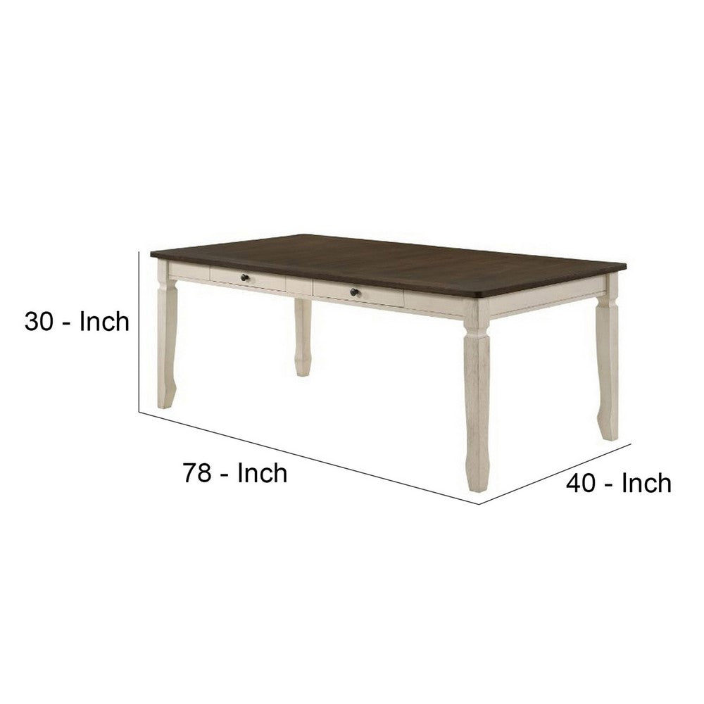 Dining Table with Rectangular Top and 2 Drawers, Brown and White