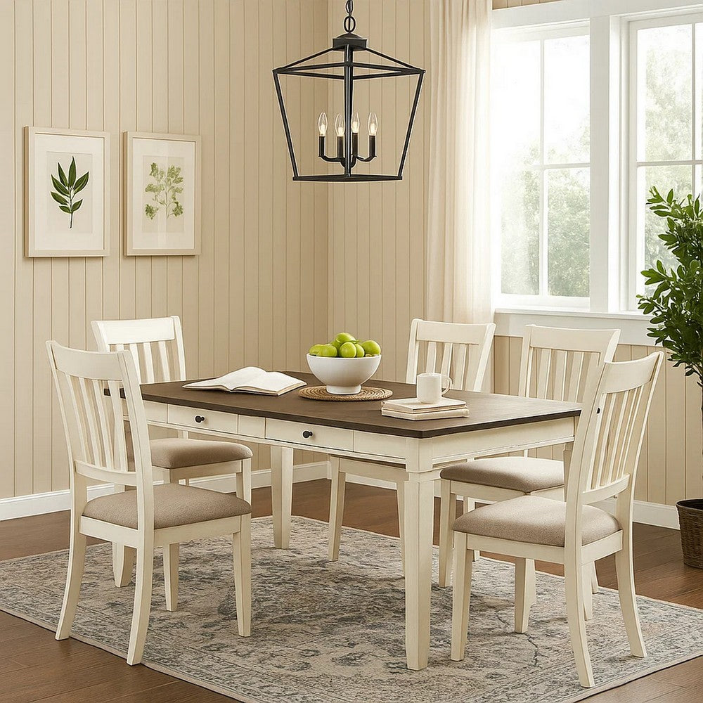 Dining Table with Rectangular Top and 2 Drawers, Brown and White