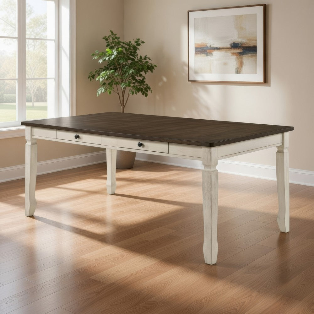Dining Table with Rectangular Top and 2 Drawers, Brown and White