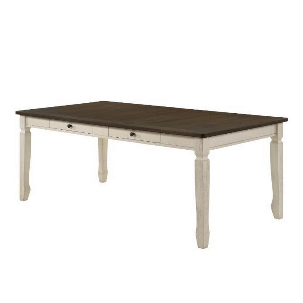 Dining Table with Rectangular Top and 2 Drawers, Brown and White