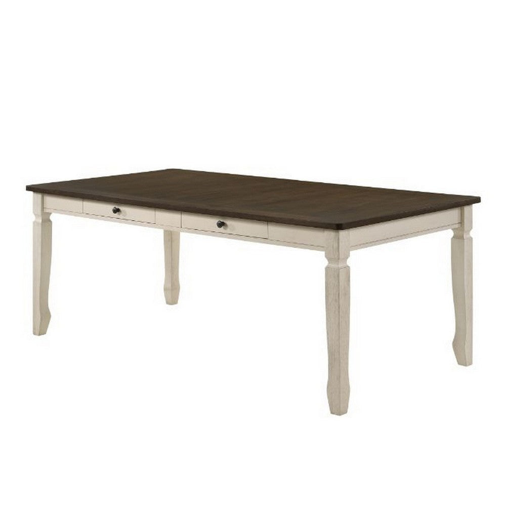Dining Table with Rectangular Top and 2 Drawers, Brown and White