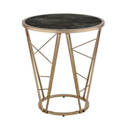 End Table with Glass Top and Geometric Frame, Black and Gold