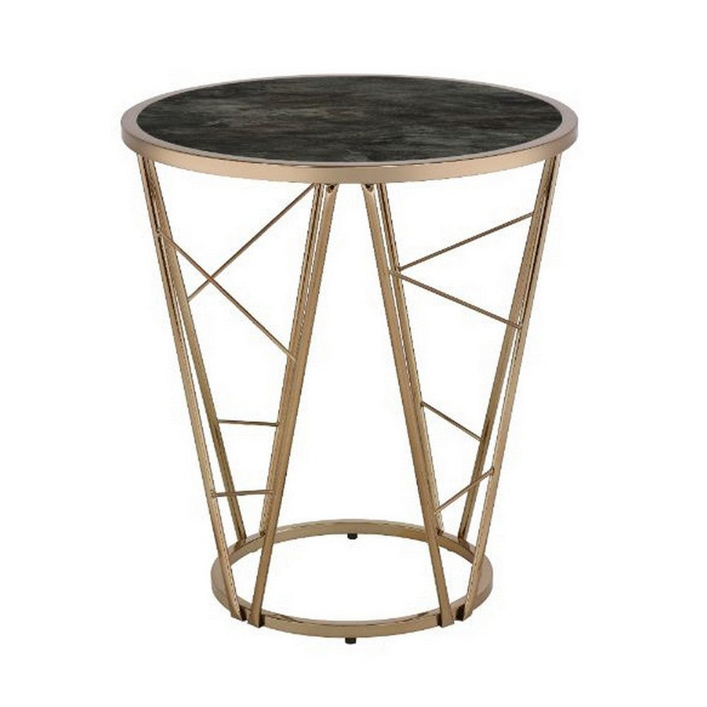 End Table with Glass Top and Geometric Frame, Black and Gold