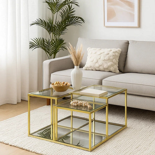 Lina Coffee Table | Glass Top | Tubular Frame | 42" | Gold