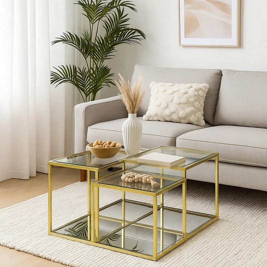 Lina Coffee Table | Glass Top | Tubular Frame | 42" | Gold