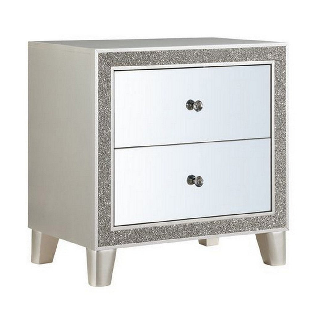 Nightstand with Mirrored Front 2 Drawers, Champagne Silver
