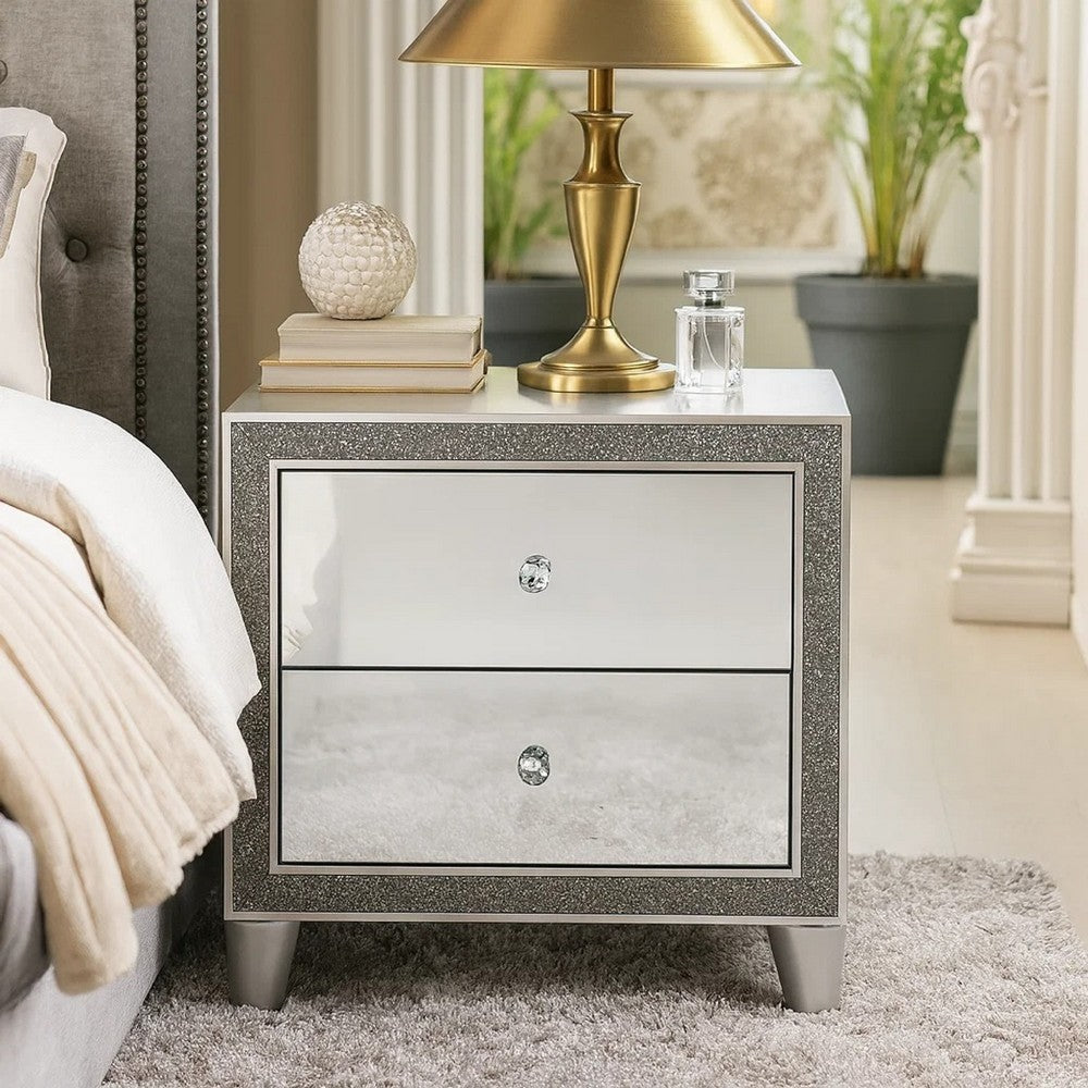 Nightstand with Mirrored Front 2 Drawers, Champagne Silver