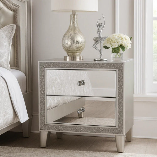 Nightstand with Mirrored Front 2 Drawers, Champagne Silver