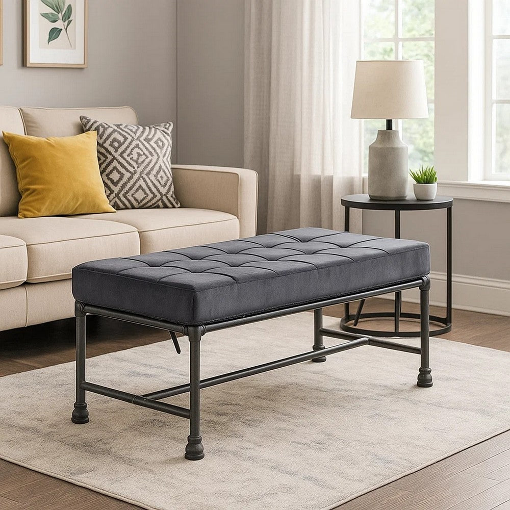 Bench with Button Tufted Seat and Pipe Style Metal Frame, Gray