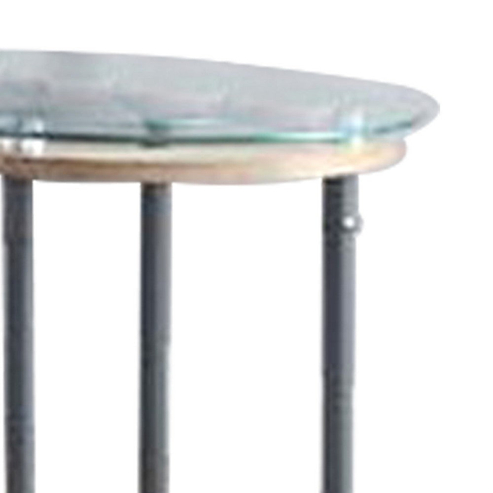 End Table with Round Glass Top and Metal Pipe Style Legs Gray BM251158