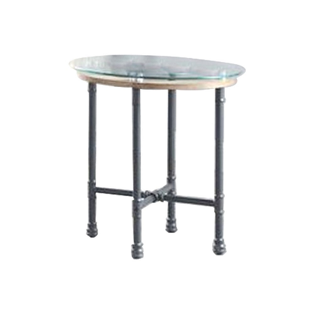 End Table with Round Glass Top and Metal Pipe Style Legs, Gray