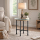End Table with Round Glass Top and Metal Pipe Style Legs, Gray