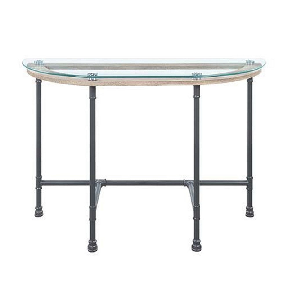 Wood Side Table, Oval Tempered Glass Top, Metal Pipe Style Legs, Clear Glass, Sandy Gray By Casagear Home