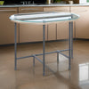 Wood Side Table, Oval Tempered Glass Top, Metal Pipe Style Legs, Clear Glass, Sandy Gray By Casagear Home