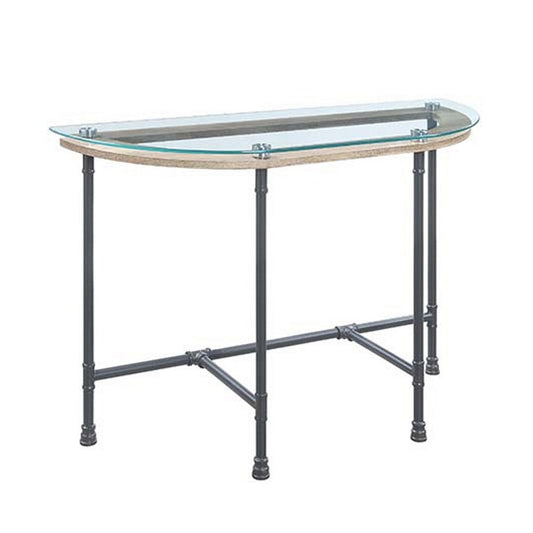 Wood Side Table, Oval Tempered Glass Top, Metal Pipe Style Legs, Clear Glass, Sandy Gray By Casagear Home