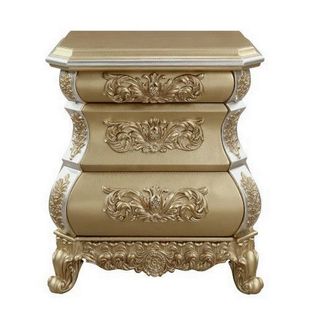 Nightstand with Bombe Shaped and 3 Carved Drawers Gold BM251161