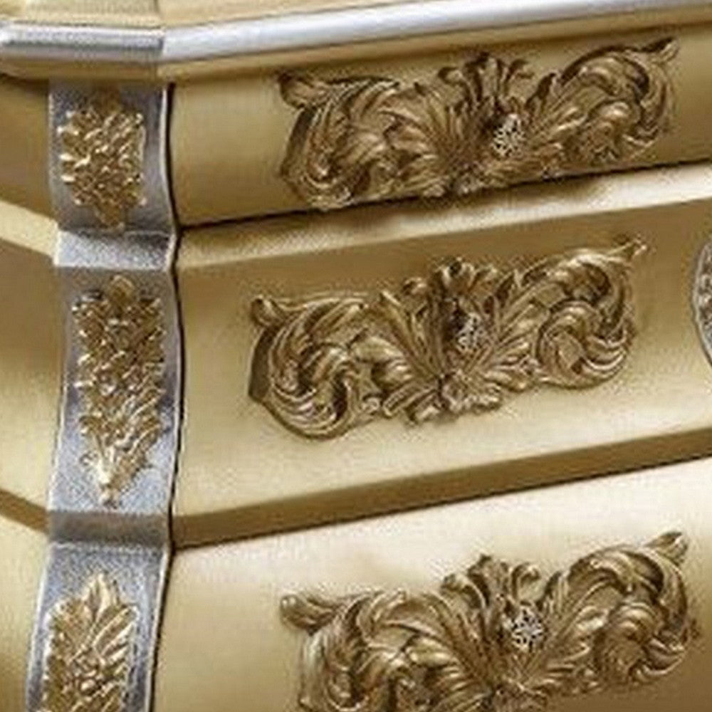 Nightstand with Bombe Shaped and 3 Carved Drawers Gold BM251161