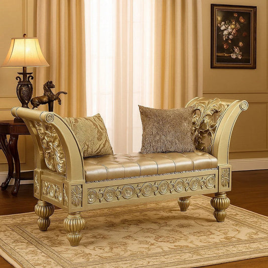 Bench with Button Tufted Seat and Hollow Floral Carving, Gold
