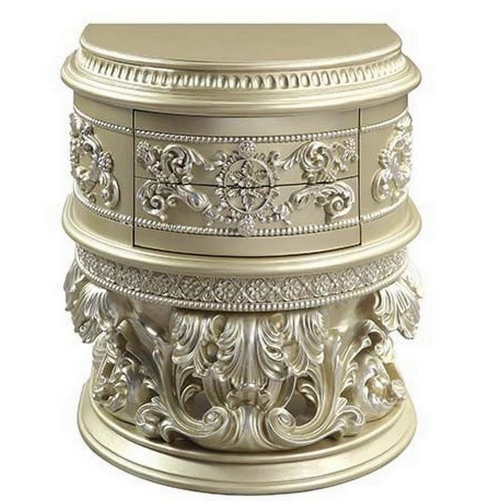 Nightstand with Scrolled Carvings and Half Moon Shape Champagne Silver BM251164