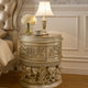 Nightstand with Scrolled Carvings and Half Moon Shape, Champagne Silver