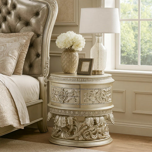 Nightstand with Scrolled Carvings and Half Moon Shape, Champagne Silver