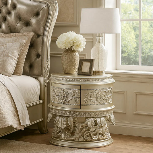 Nightstand with Scrolled Carvings and Half Moon Shape, Champagne Silver