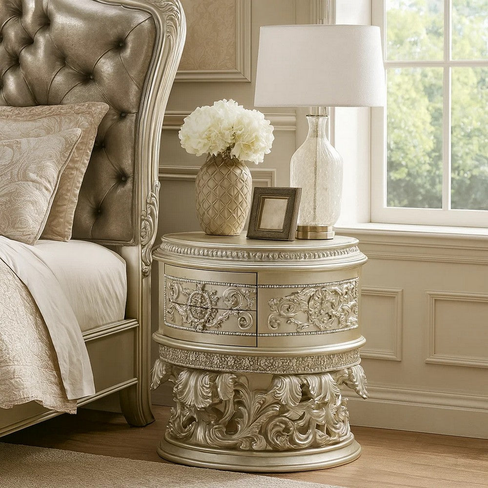 Nightstand with Scrolled Carvings and Half Moon Shape, Champagne Silver
