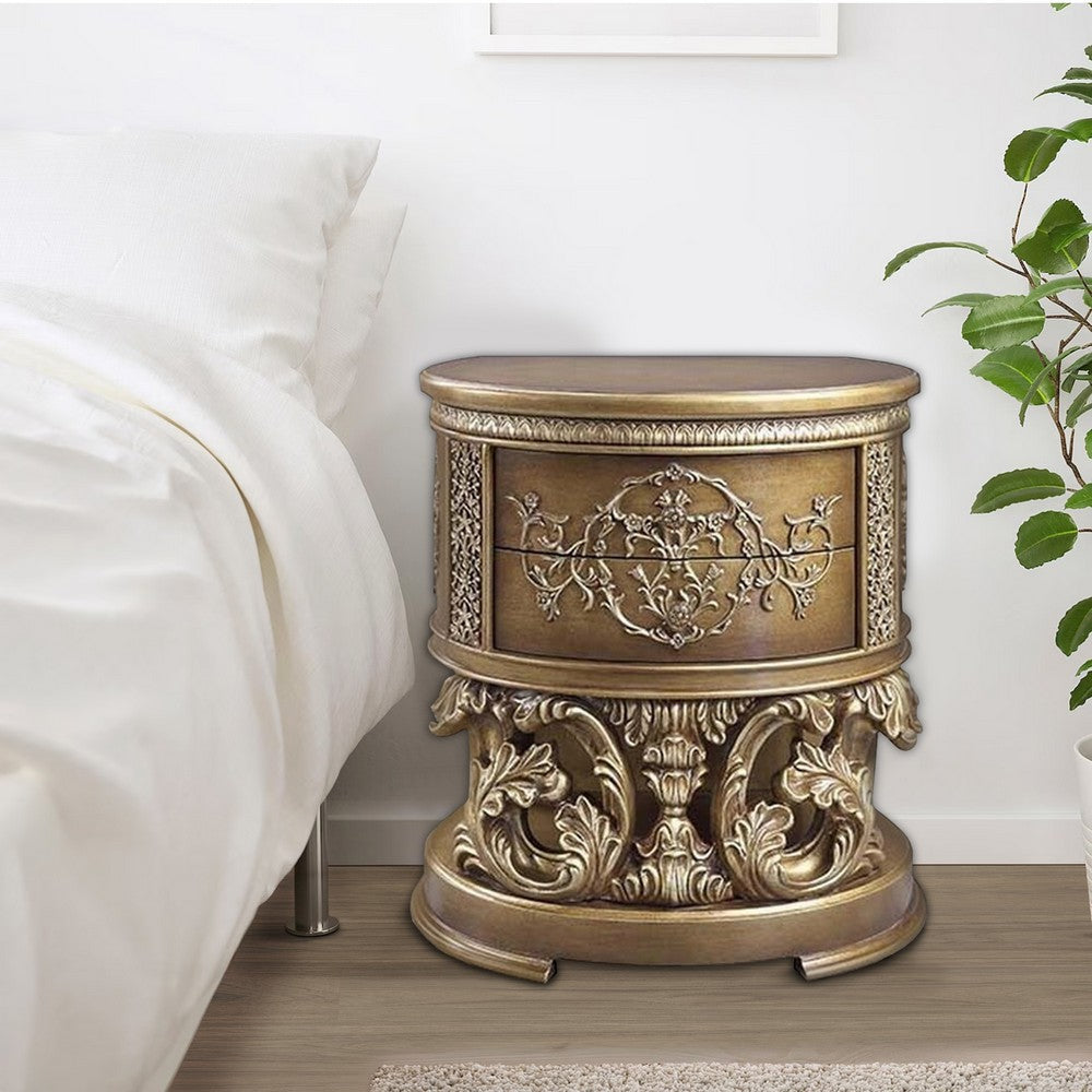 Nightstand with Scrolled Carvings and Half Moon Shape Antique Gold By Casagear Home BM251166