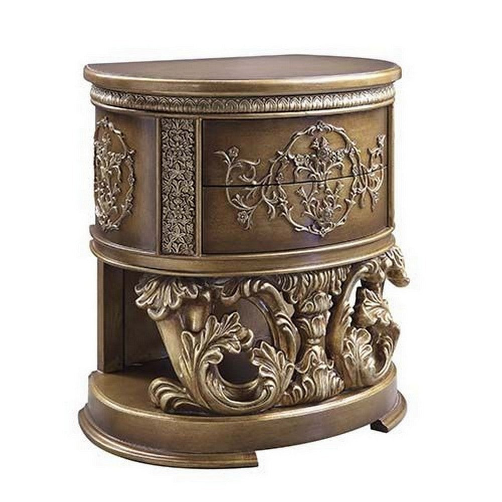 Nightstand with Scrolled Carvings and Half Moon Shape, Antique Gold By Casagear Home