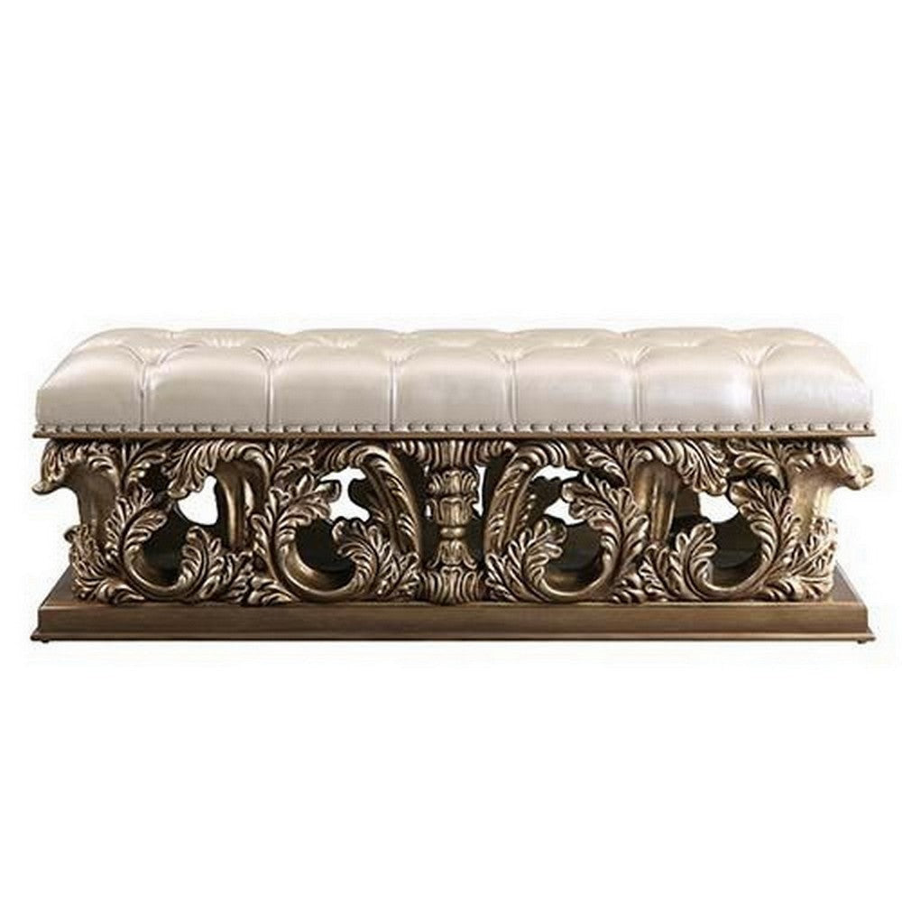 Bench with Button Tufted Seat and Heavy Scrolled Carving Antique Gold BM251168